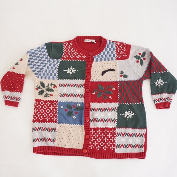 Vintage Cherokee Patchwork Christmas Cardigan Festive Holiday Embroidered 1X - Picture 1 of 10